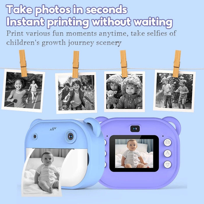 purple mini camera with instant print