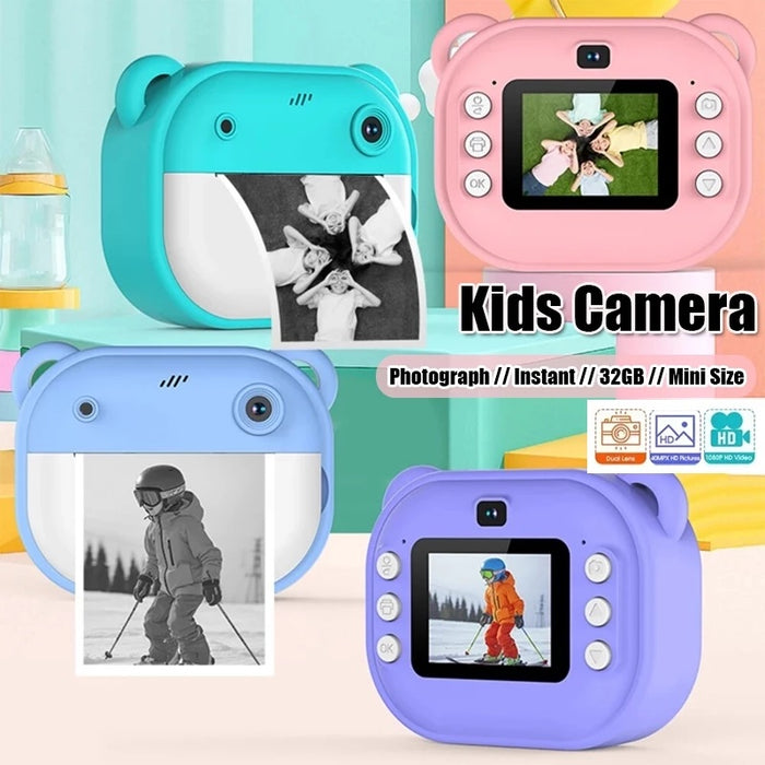 purple mini camera with instant print