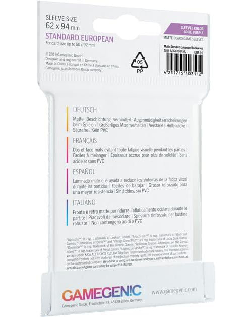 gamegenic european sleeves 50pcs - 62x94mm matt